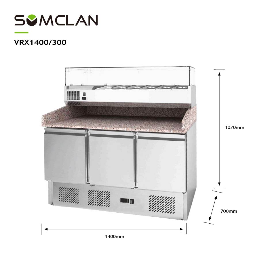 Commercial Pizza Prep Refrigerator with Refrigerated Ingredient Rail & Granite Worktop